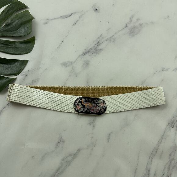 Womens Vintage 80s Scaled Peacock Belt One Size White Black Cloisonne Buckle - Picture 2 of 4